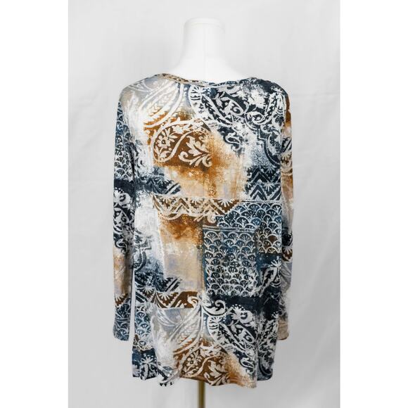 Chico's Size 2 Boho Tee Long Sleeve Lightweight Boat Neck Brown Blue - Picture 2 of 6